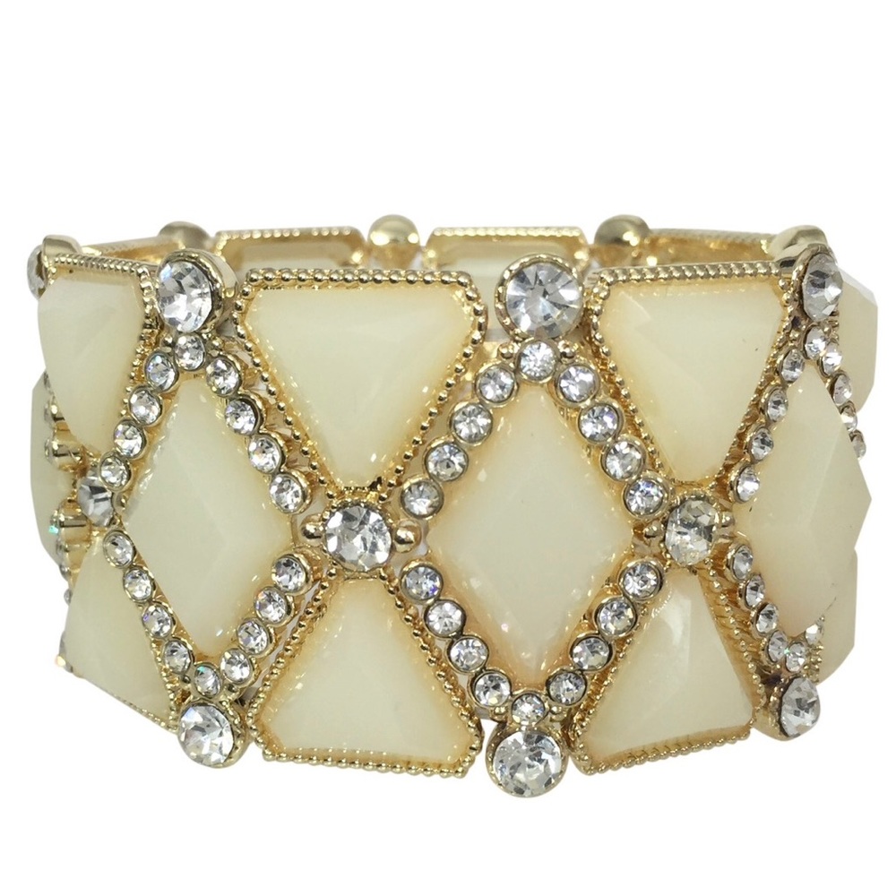 Wide Light Ivory Cream Gem Clear Rhinestone Fancy Statement Stretch Bracelet